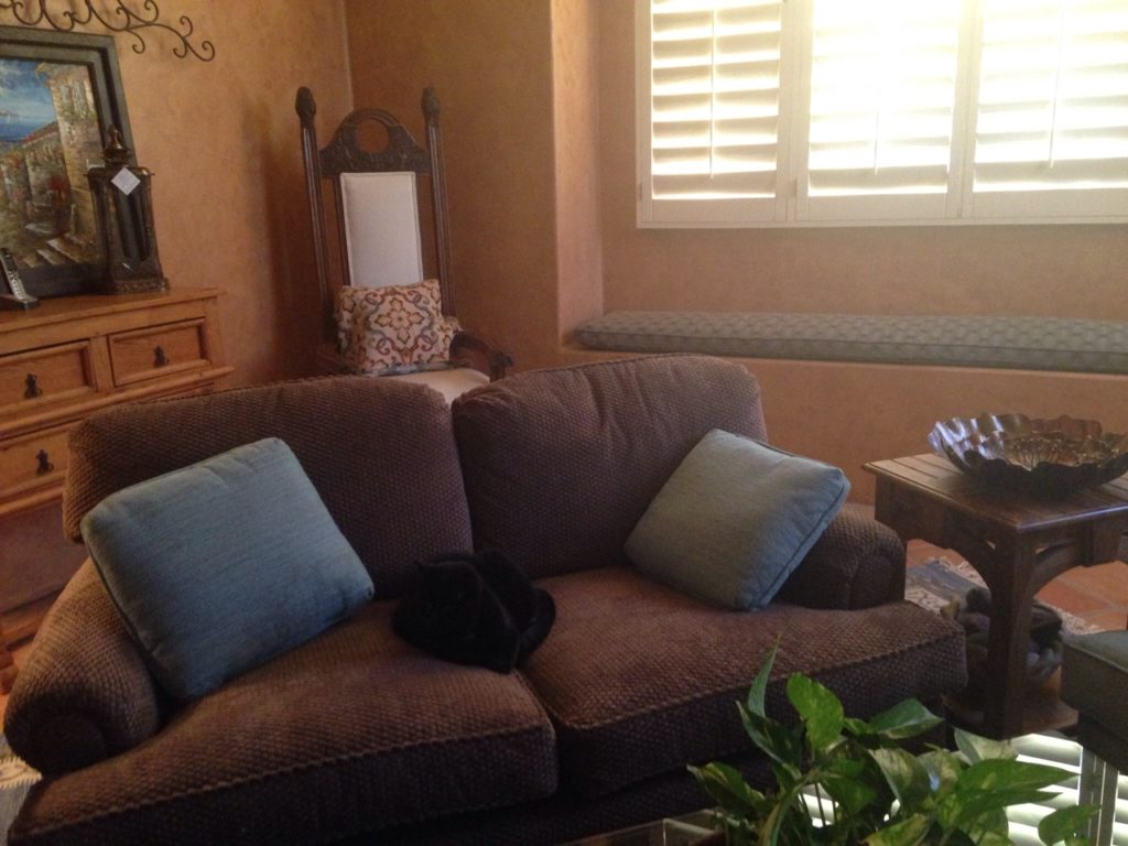 Christina loveseat2 Reupholstered love seat with chocolate brown Chenille.